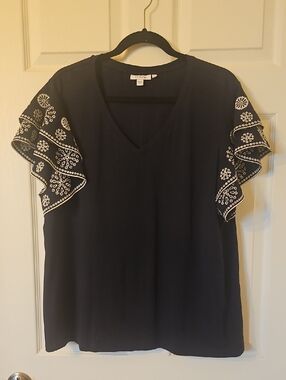Women's Navy V-Neck Top with Embroidered Flutter Sleeves